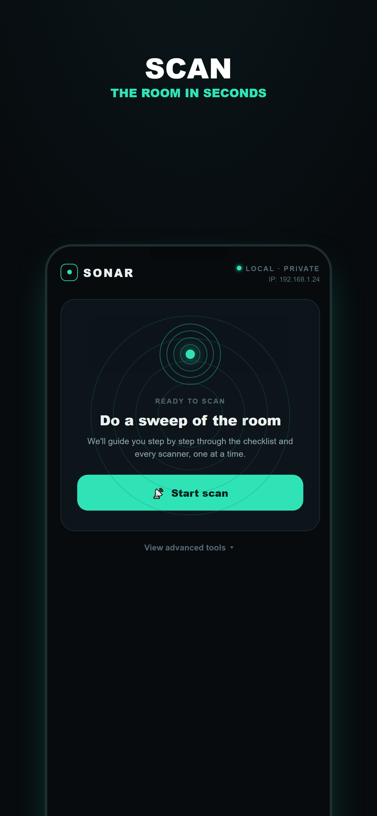 Sonar home screen initiating the environment scan.